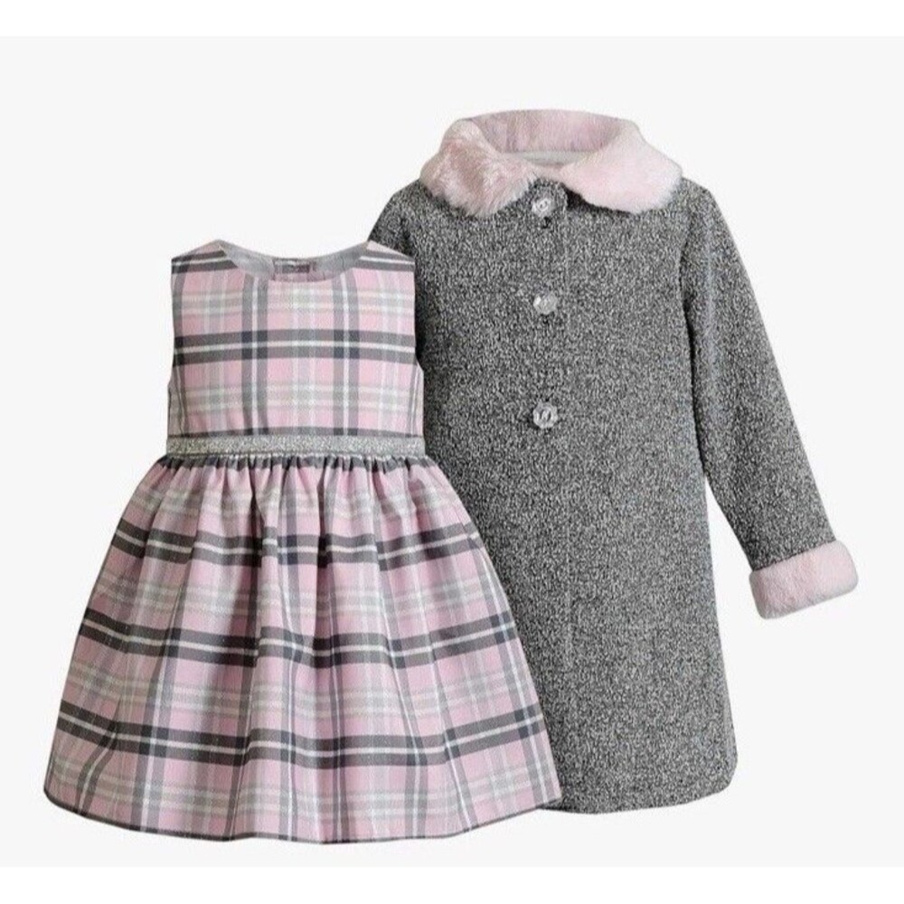 Youngland Baby Girls Metallic Woven Coat Set Faux Fur Matching Plaid Dress 12 Mo